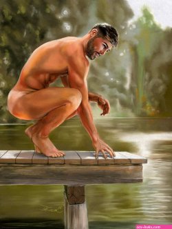 Arcadian Lake nude male figure painting Art of Michael Breyette