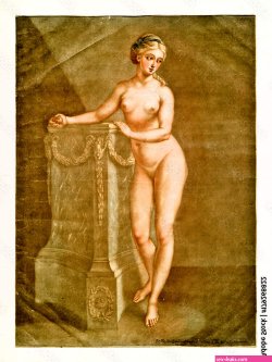 Human anatomy. Female body posing naked like a model close to an ancient architecture. By A.E. Gautier DAgoty in Cours complet danatomie publ. Leclerc Nancy 1773 Stock Illustration