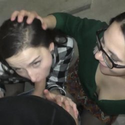 Amateur Threesome blowjob in the entrance