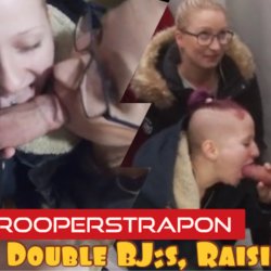 Public double blowjob: Mouthful of salty meatballs