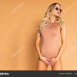 Sexy Blonde Model Perfect Skinny Body Huge Boobs Posing Beige Stock Photo evgennish 368683606