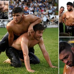 Greek wrestlers soaked in oil fight in traditional contest
