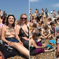 Hundreds strip off in a Free the Nipple protest on Brighton Beach
