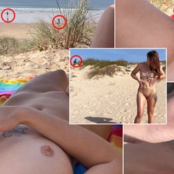One day at the public nudist beach at Portugal. Masturbation and handjob behind strangers. PART 2